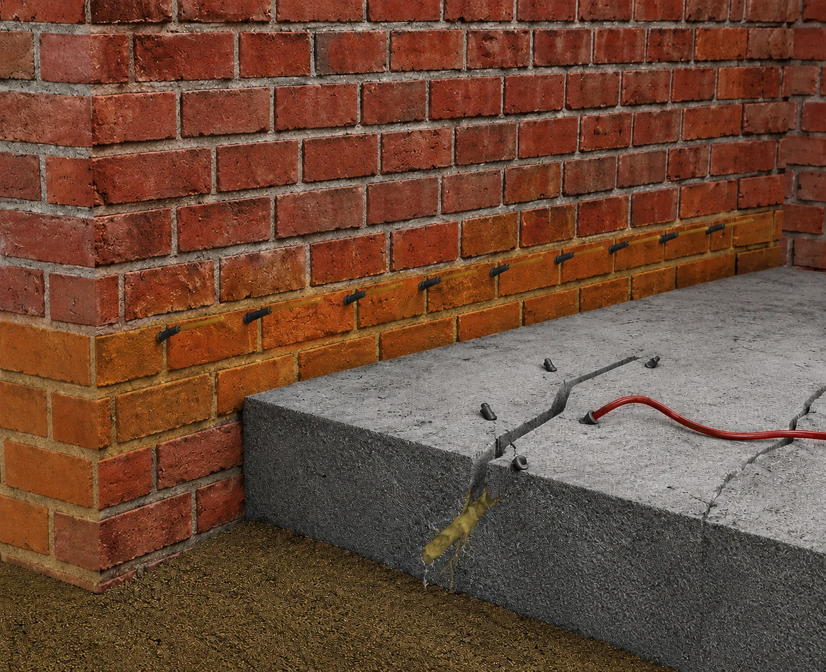 Metallinjektoren in der Ziegelwandbasis und Schlauch für Horizontalsperre am rissigen Betonfundament