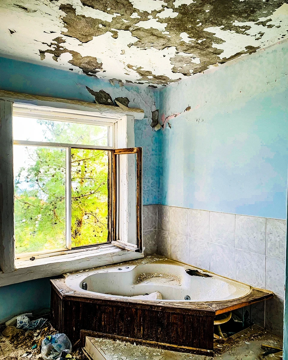 Verfallene Eckbadewanne in feuchtem Raum mit abblätternder Decke und Wasserflecken, symbolisch für Wasserschaden Sanierung